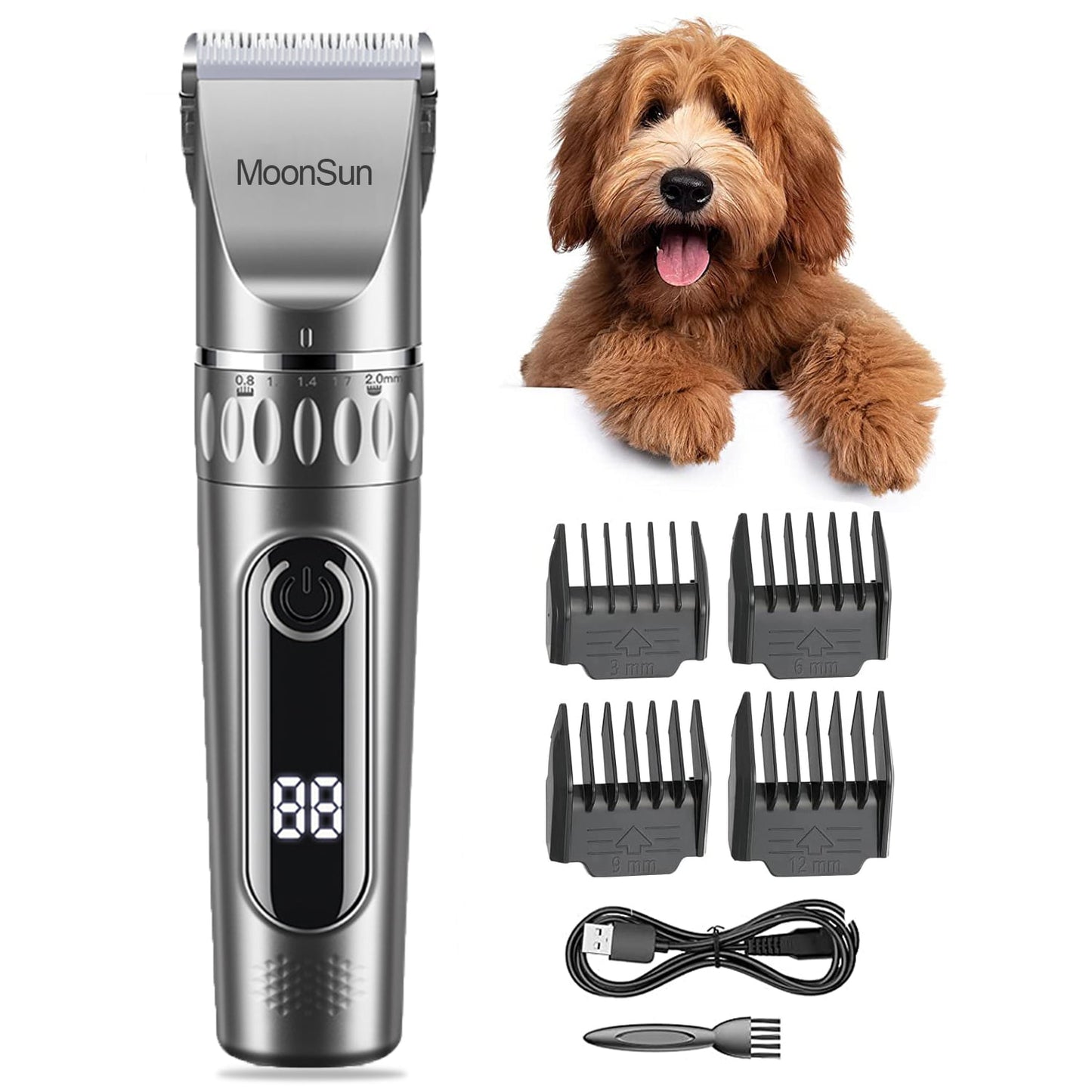 Smart Dog Clippers for Grooming, MoonSun Cordless Professional Pet Grooming Kit Rechargeable,Adjustable, LED Display & Low Noise Pet Hair Shaver Clippers Set for Dogs Cats Pets- Silver