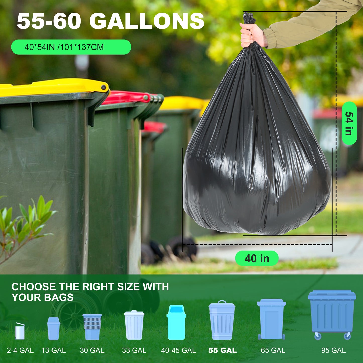 MoonSun Trash Bags, 2.2 Mil 55-60 Gallon Large Contractor Bags 30 Counts Heavy Duty Outdoor Garbage Can Liners Black