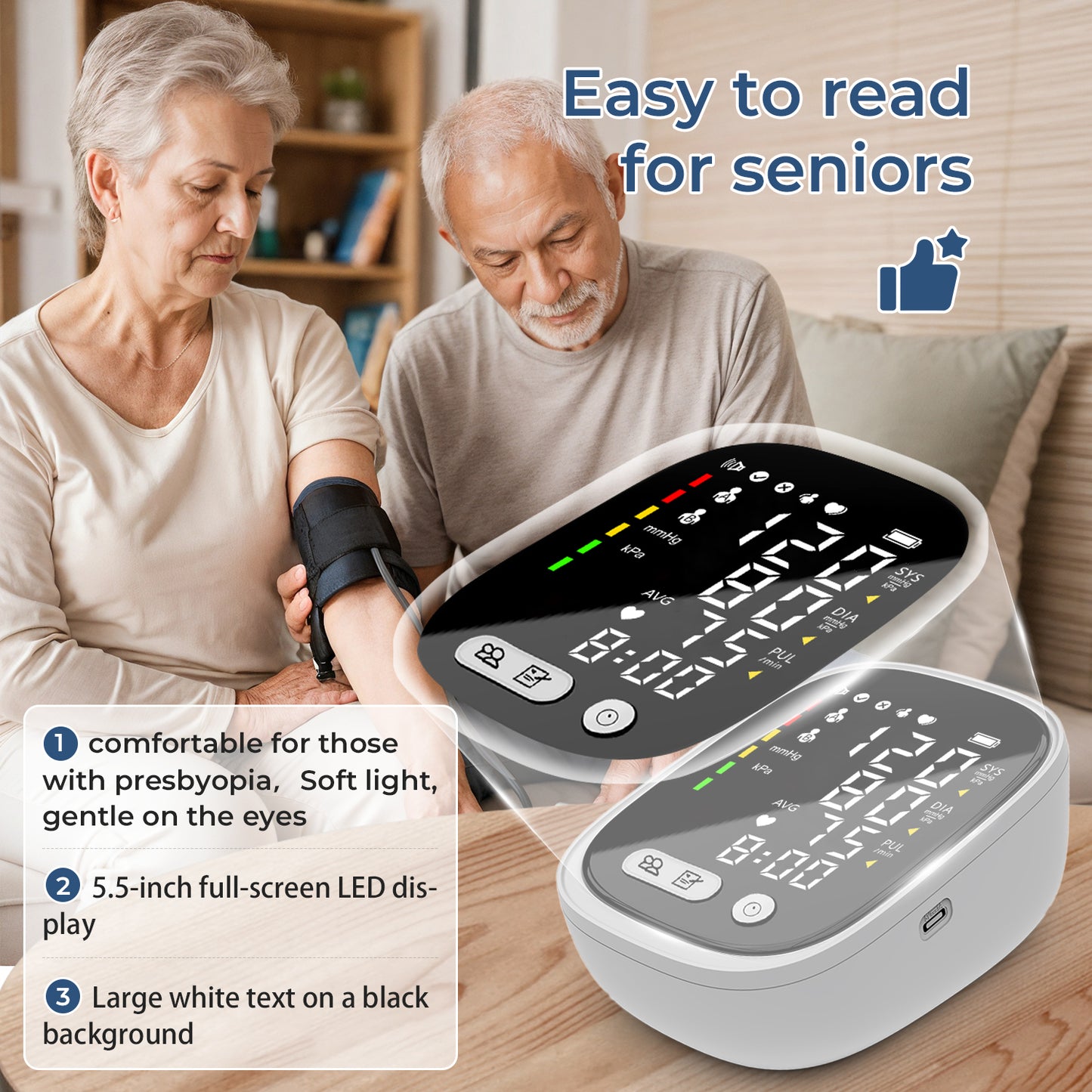 Automatic Rechargeable Blood Pressure Monitor Upper Arm, Digital BP Machine Voice Broadcast, Adjustable Large Cuff, 2 x 90 Sets Memory BP Monitor for Home Use