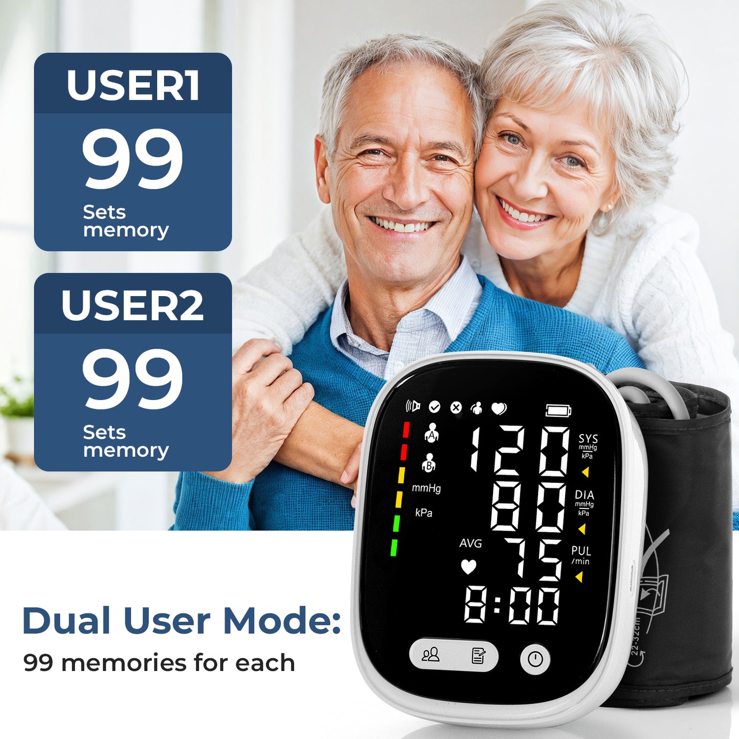Automatic Rechargeable Blood Pressure Monitor Upper Arm, Digital BP Machine Voice Broadcast, Adjustable Large Cuff, 2 x 90 Sets Memory BP Monitor for Home Use