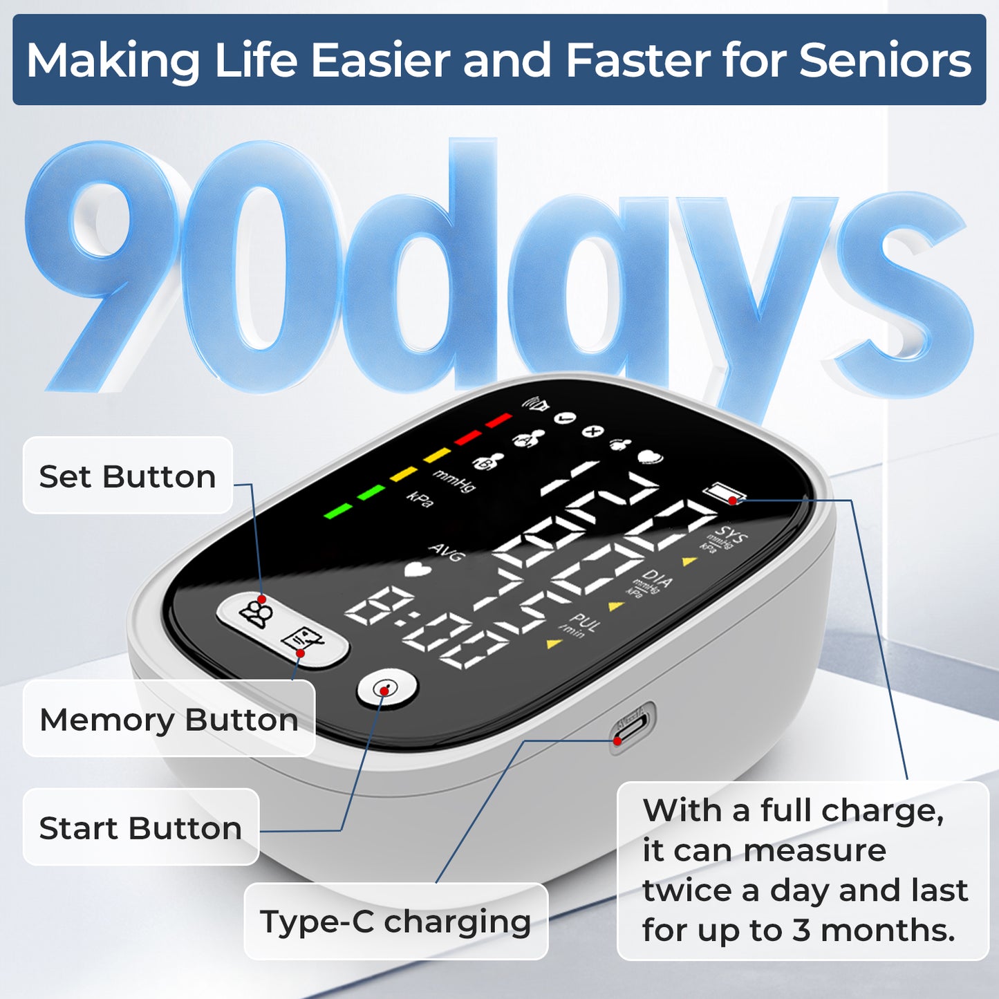 Automatic Rechargeable Blood Pressure Monitor Upper Arm, Digital BP Machine Voice Broadcast, Adjustable Large Cuff, 2 x 90 Sets Memory BP Monitor for Home Use
