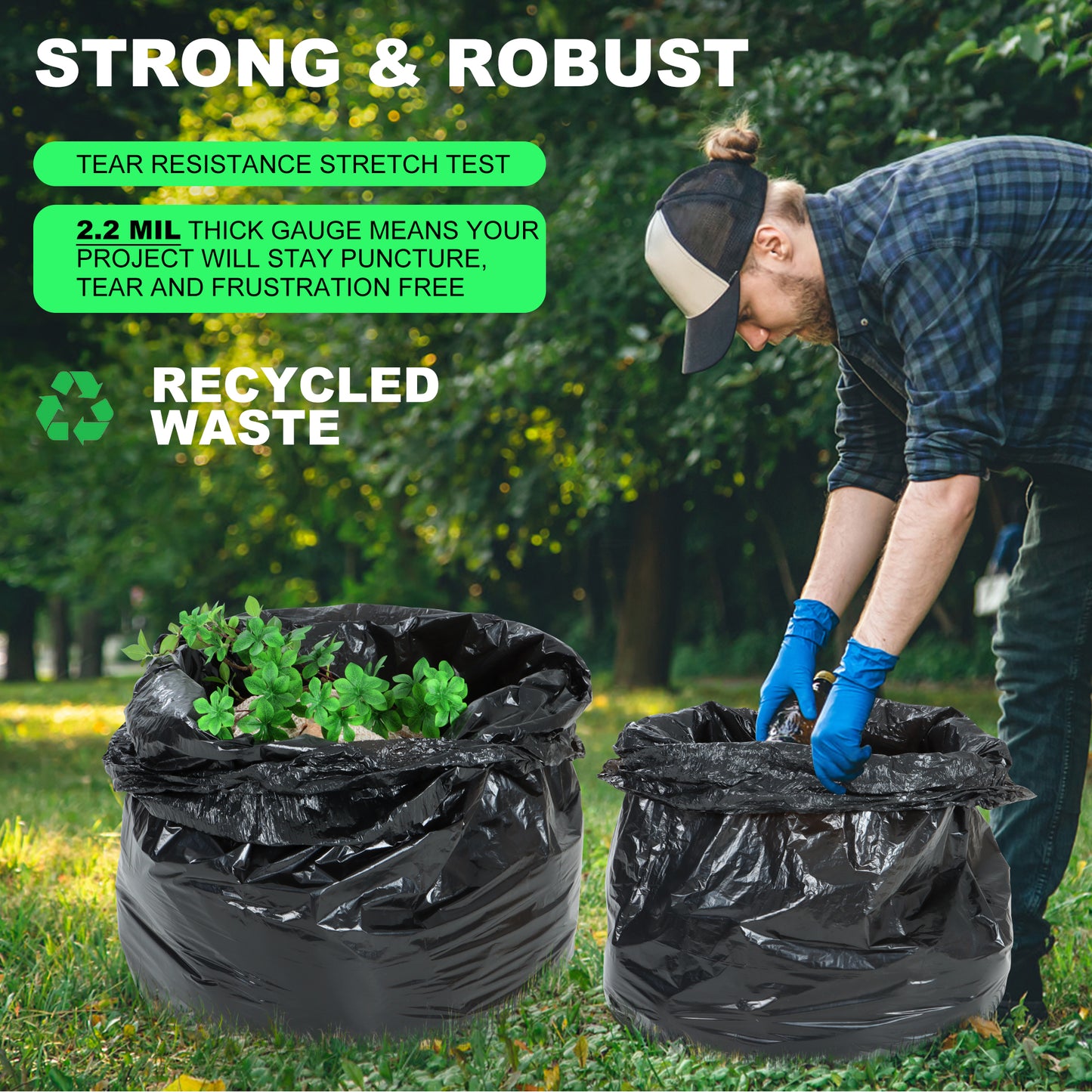 MoonSun Trash Bags, 2.2 Mil 55-60 Gallon Large Contractor Bags 30 Counts Heavy Duty Outdoor Garbage Can Liners Black