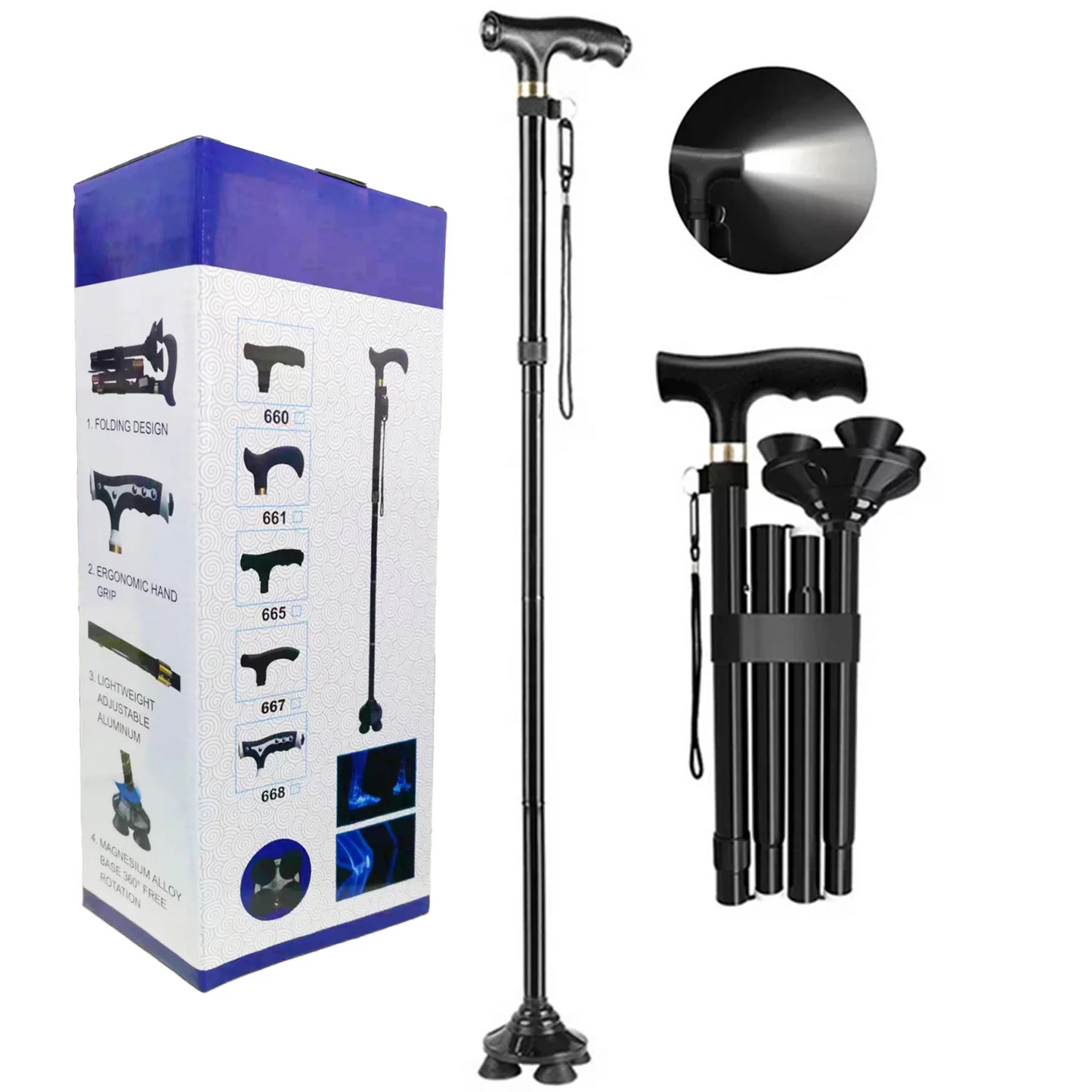 Foldable Walking Cane, Portable Adjustable Folding Canes for Men Women, Pivoting Quad Base