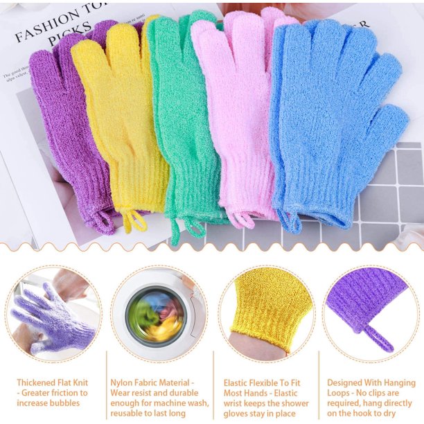 6 Pairs Exfoliating Shower Gloves, Stretch Body Scrubber Loofah Gloves, Exfoliating Dual Texture Bath Gloves for Shower, Spa, Massage, Family Scrubbing Glove for Women Men