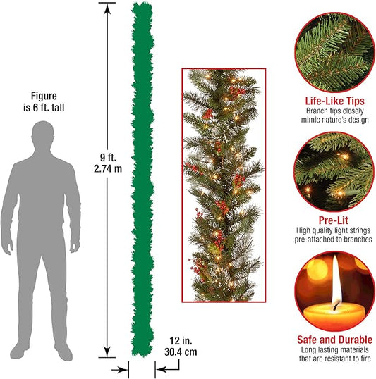 Moonsun 9 ft Pre-Lit Wintry Pine Flocked Artificial Christmas Vine - Green Vine with 100 Clear Lights, Pinecones & Red Berries, 184 Tips for Holiday Decor