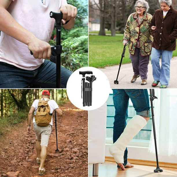 MoonSun Walking Cane for Men Women, Foldable Adjustable Collapsible Walking Stick with Two Comfort Handle,LED Flashlight, Pivoting Quad Base Standable Folding Cane for Seniors Adults Black