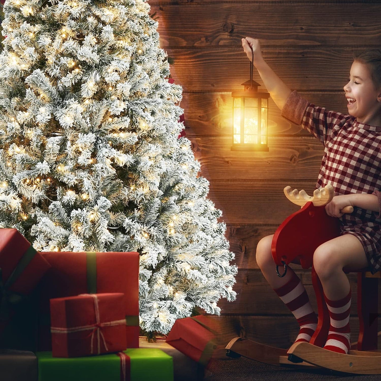 5ft Christmas Tree Pre-lit Snow Flocked Artificial Christmas Tree Holiday Decoration w/ Metal Stand