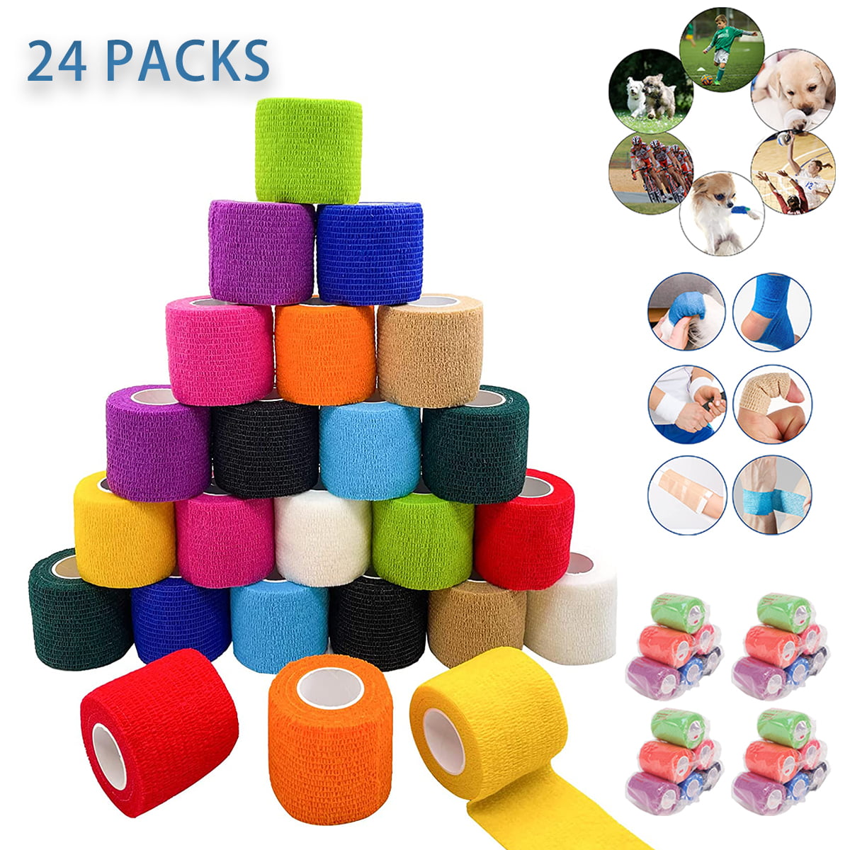 Self Adhesive Bandage Wrap, 2" x 5 Yards Elastic Sports Bandages, Breathable Cohesive Bandage Elastic Tape Vet Wrap for Pets, Athletic, Sports, Wrist, Knee, Ankle, Rainbow Colors