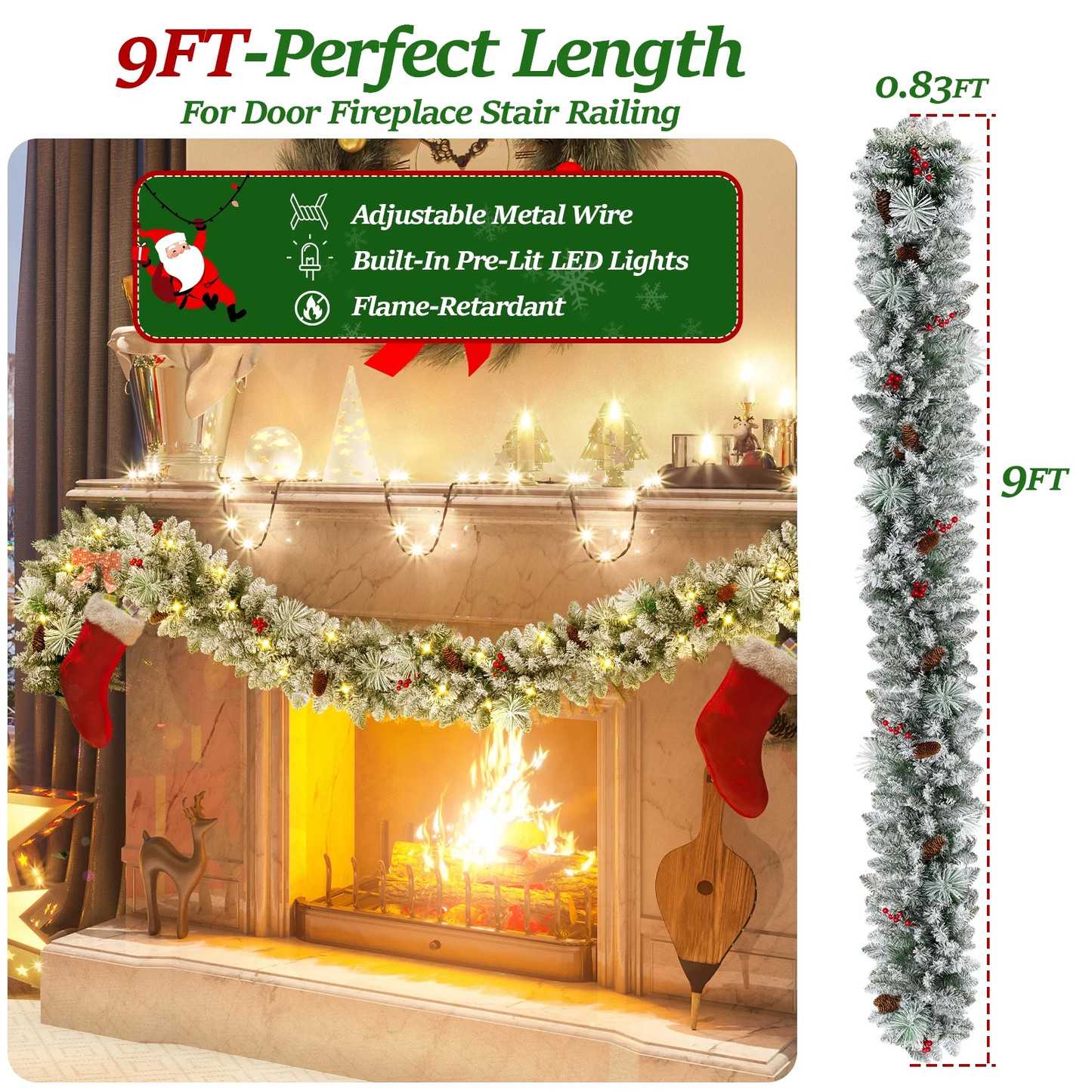9ft Pre-Lit Christmas Garland Snow Flocked with LED Lights w/ 8 Modes & Timer, Pine Cones Frosted Garland for Mantle Stairs Door Indoor Outdoor Decorations
