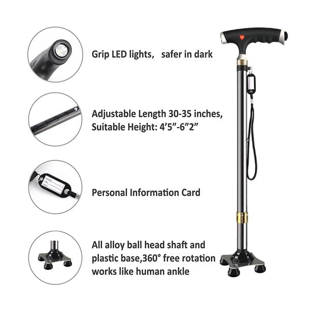 Father's Day Gift Walking Cane for Men Women, 10 Levels Adjustable Cane for Seniors with Led Lights, Aluminum Alloy Heavy Duty Free Standing Cane for Walking, Rubber Base
