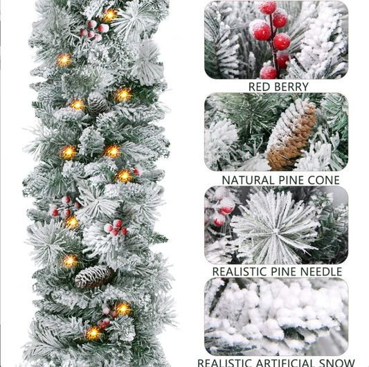 9ft Pre-Lit Christmas Garland Snow Flocked with LED Lights w/ 8 Modes & Timer, Pine Cones Frosted Garland for Mantle Stairs Door Indoor Outdoor Decorations