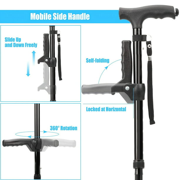 MoonSun Walking Cane for Men Women, Foldable Adjustable Collapsible Walking Stick with Two Comfort Handle,LED Flashlight, Pivoting Quad Base Standable Folding Cane for Seniors Adults Black