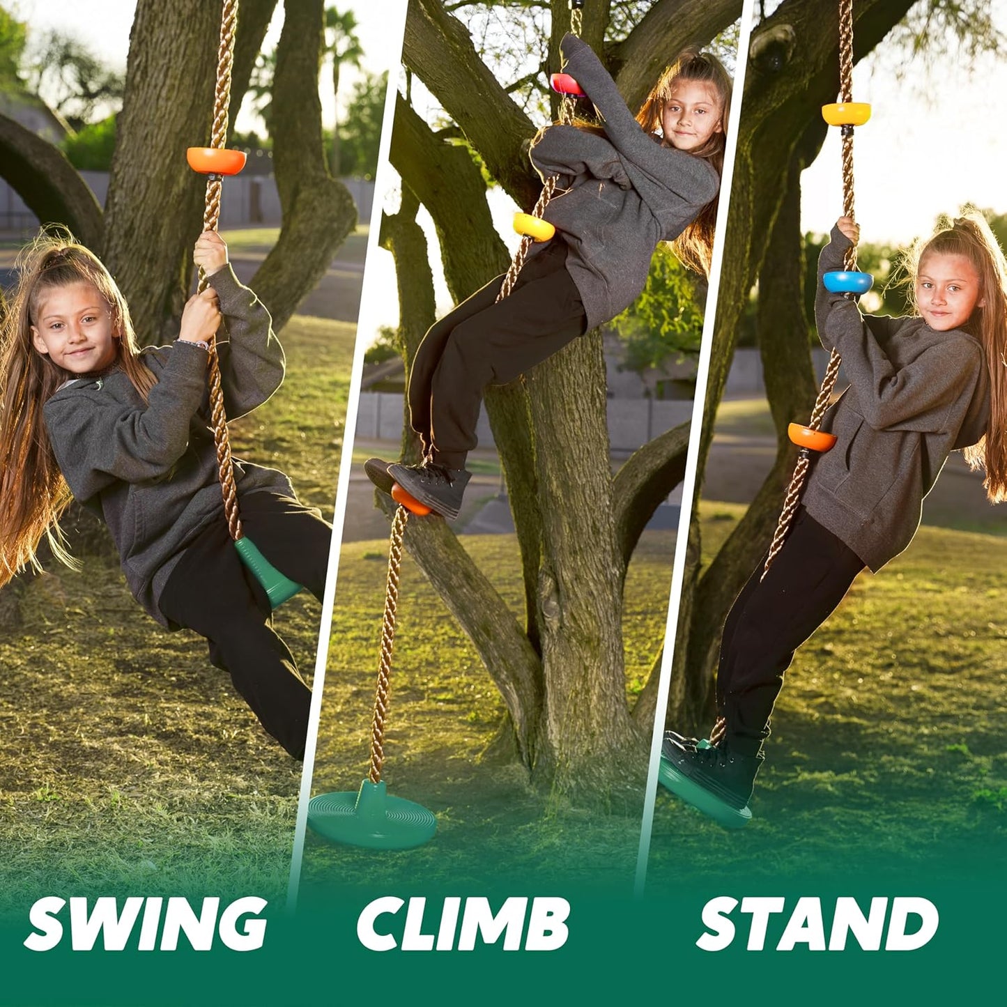 Moonsun Green Kids Tree Swing Set - Single Disc Seat, Climbing Rope, 4 Ft Strap & Carabiner for Treehouse & Backyard