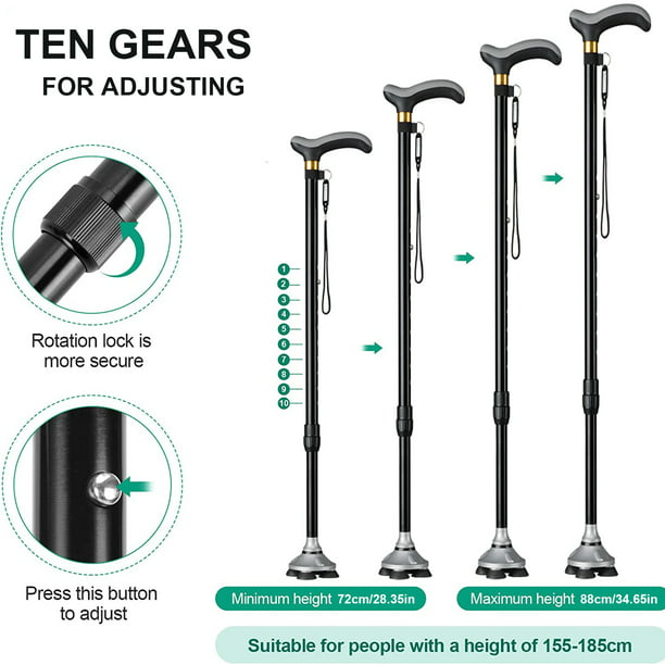 Walking Canes, 10 Levels Adjustable Canes for Walking, Comfort Grip Handle, Pivoting Quad Base Standable Walking Cane for Women,Men,Seniors Adults Black
