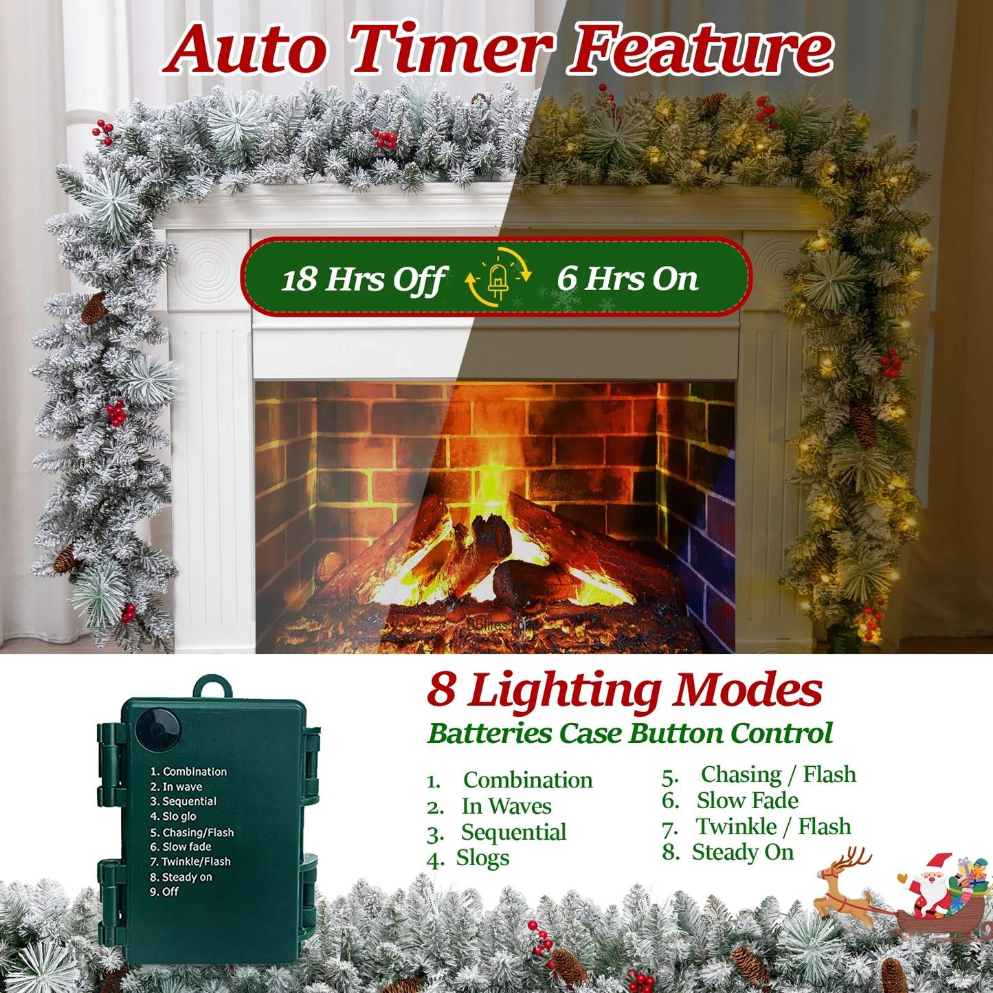 9ft Pre-Lit Christmas Garland Snow Flocked with LED Lights w/ 8 Modes & Timer, Pine Cones Frosted Garland for Mantle Stairs Door Indoor Outdoor Decorations