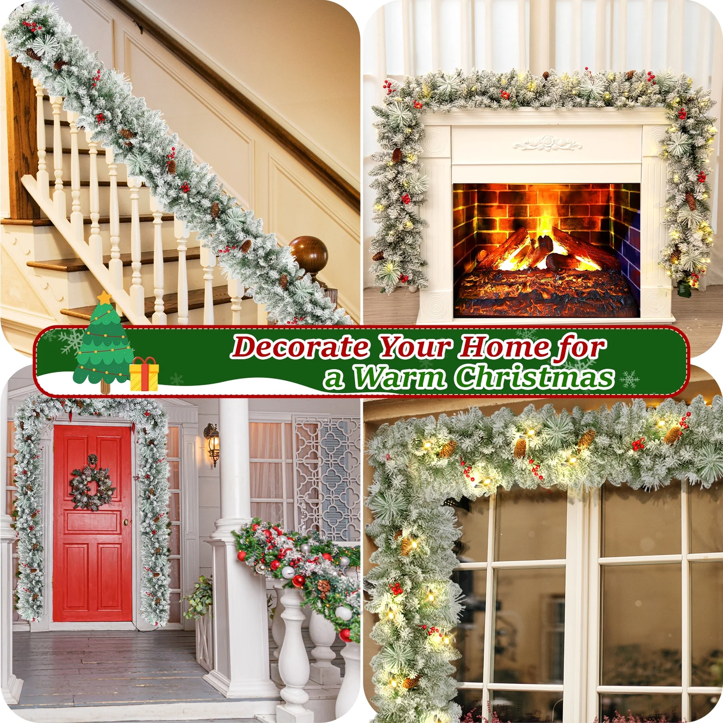 9ft Pre-Lit Christmas Garland Snow Flocked with LED Lights w/ 8 Modes & Timer, Pine Cones Frosted Garland for Mantle Stairs Door Indoor Outdoor Decorations