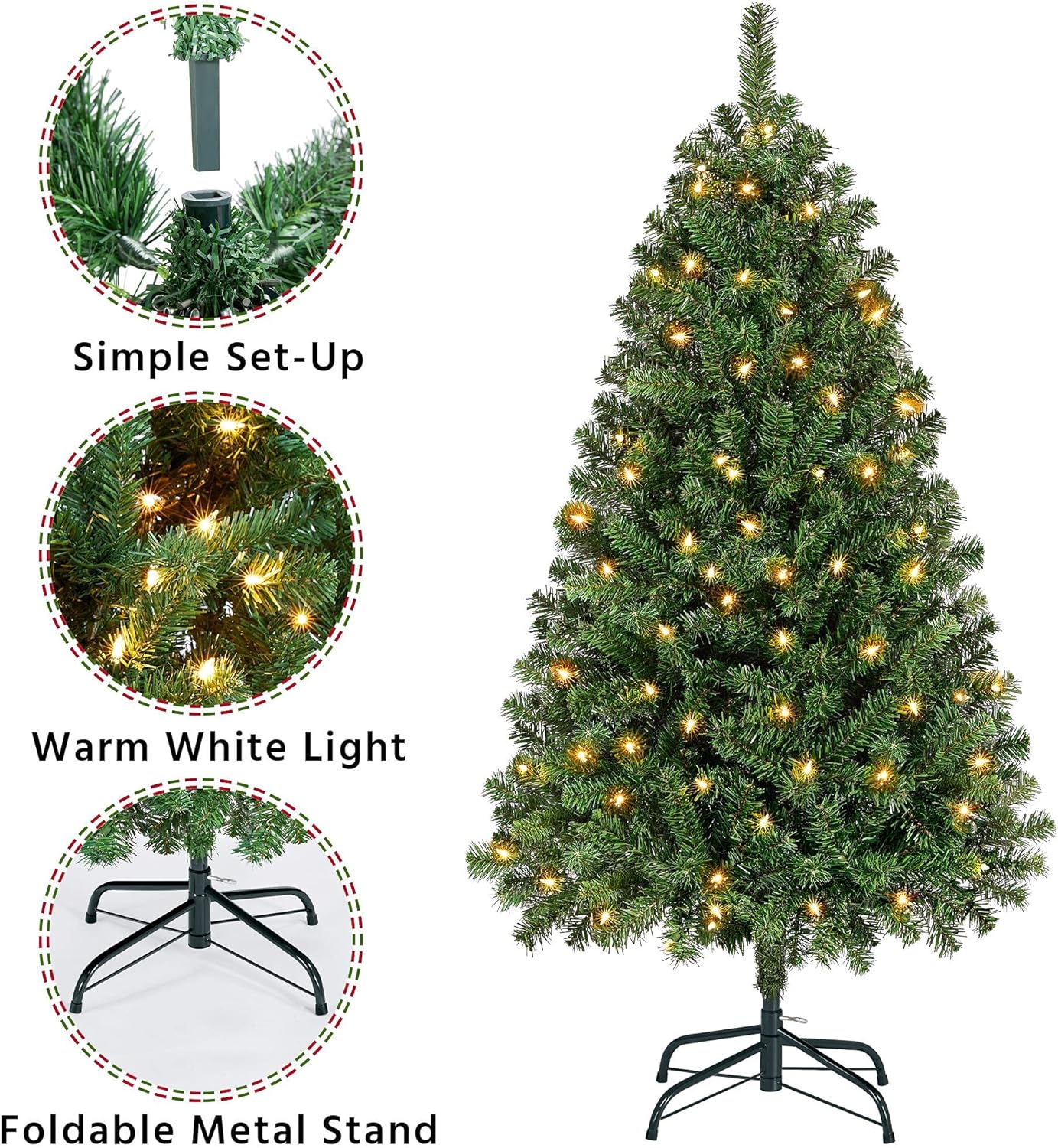 4.5ft Pre-lit PVC Christmas Tree 200 LED Light Metal Stand