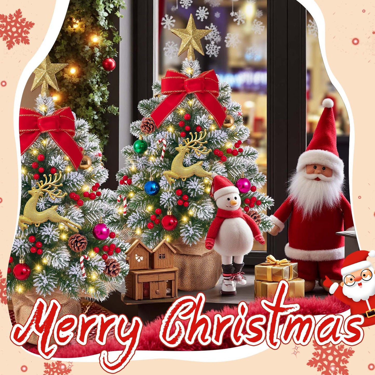 MoonSun Mini Christmas Tree with Lights, 2FT Snow Flocked Tabletop Small Artificial Xmas Tree with Star Treetopper, LED String Light & Hanging Ornaments for Desk Christmas Decors Home Office Party