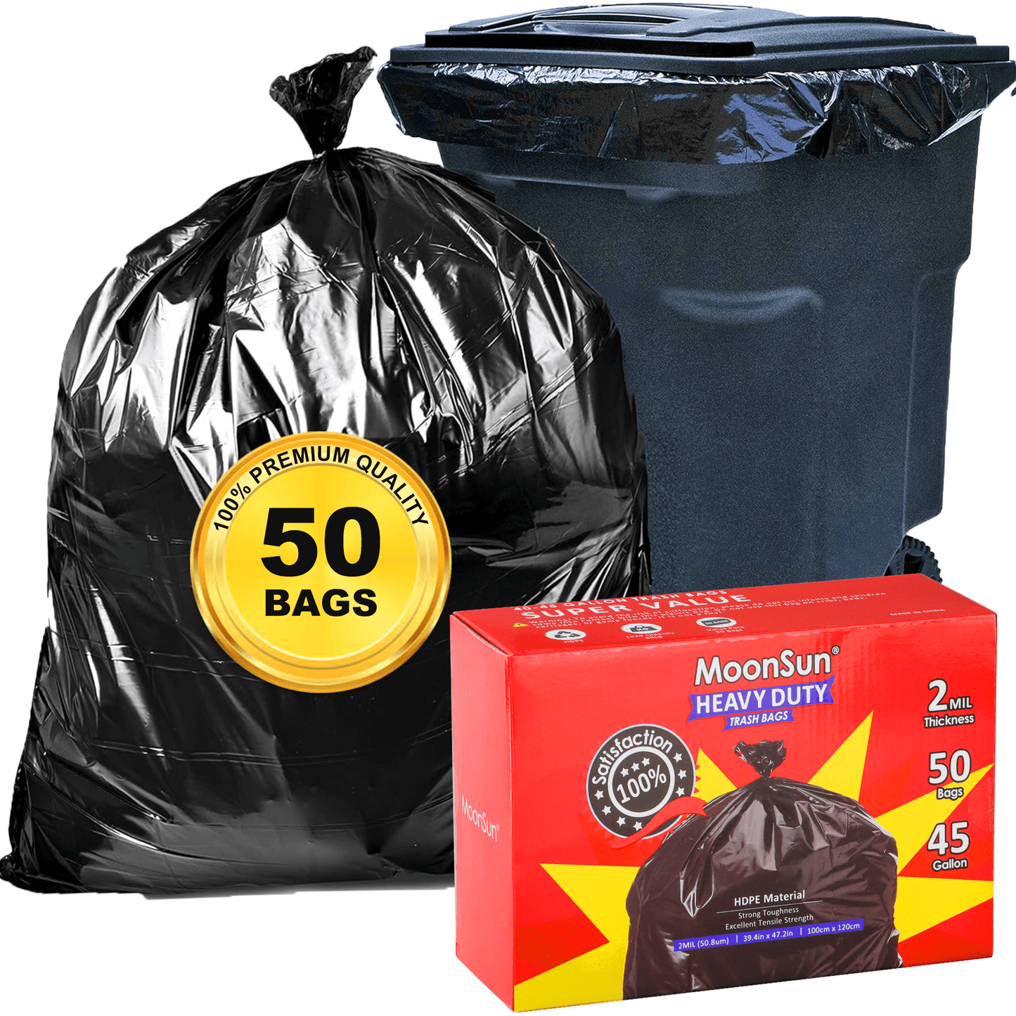 Trash Bags Contractors 40-45 Gallon 2 Mil 50 Count Large Garbage Bags Black, Heavy Duty Garbage Can Liners Outdoor Indoor
