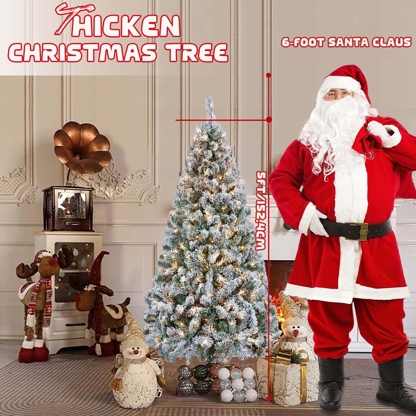 5ft Christmas Tree Pre-lit Snow Flocked Artificial Christmas Tree Holiday Decoration w/ Metal Stand