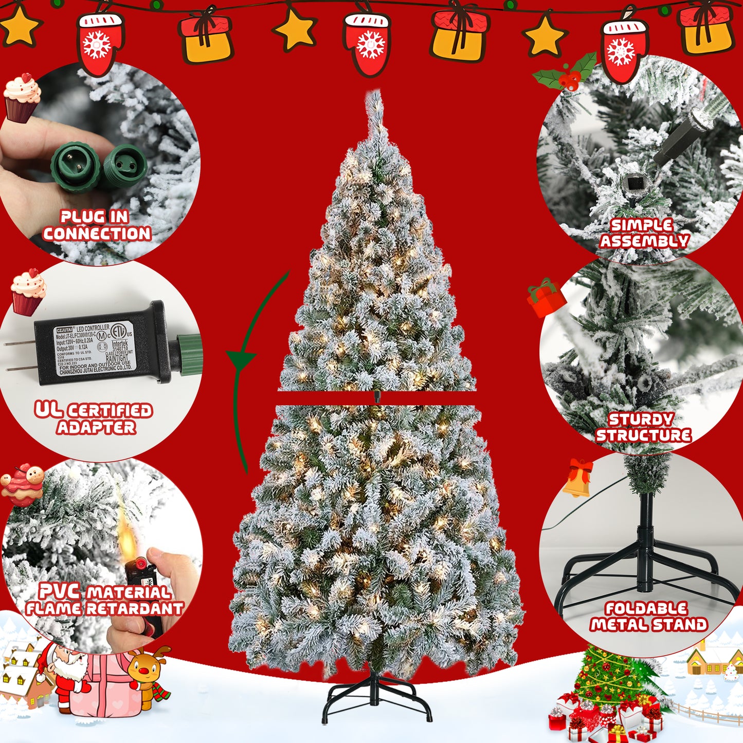5ft Christmas Tree Pre-lit Snow Flocked Artificial Christmas Tree Holiday Decoration w/ Metal Stand