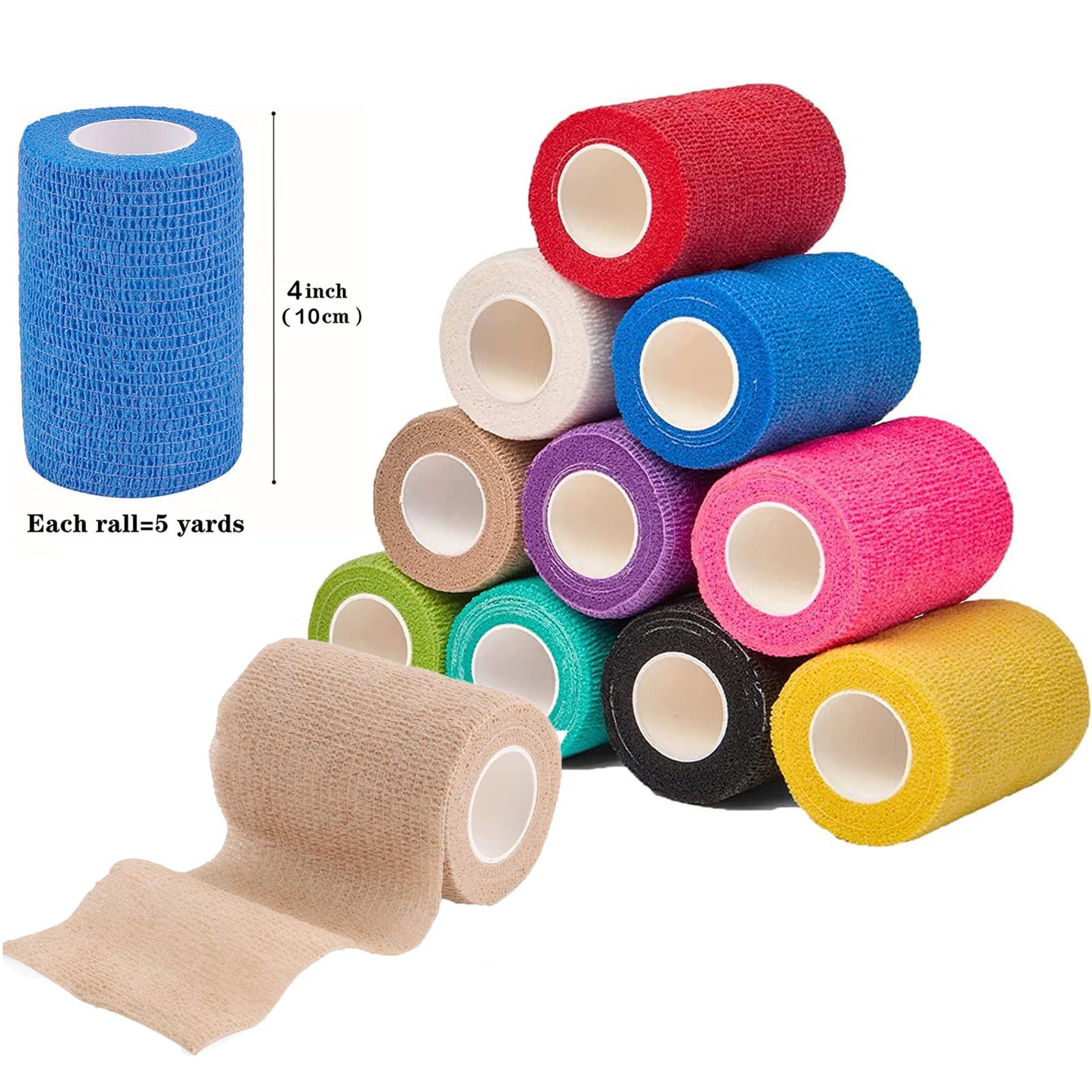 MoonSun Self Adhesive Bandage Wrap, 4 inch x 5 Yards Wide Self Adherent Cohesive Wrap Bandages Elastic Waterproof Breathable Self Adhesive Bandage, Sports Tape, Vet Wrap for Pet 12 Rolls