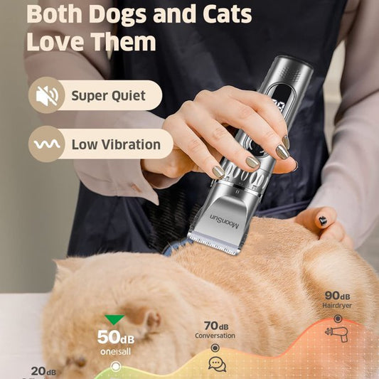 Smart Dog Clippers for Grooming, MoonSun Cordless Professional Pet Grooming Kit Rechargeable,Adjustable, LED Display & Low Noise Pet Hair Shaver Clippers Set for Dogs Cats Pets- Silver