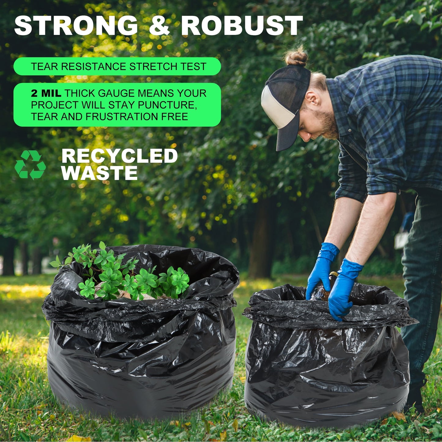MoonSun 40-45 Gallon Trash Bags, 2.0 Mil 50 Count Large Black Garbage Bags, Heavy Duty Garbage Can Liners, Outdoor Garbage Bags for Commercial, Janitorial, Lawn, Leaf, and Contractors