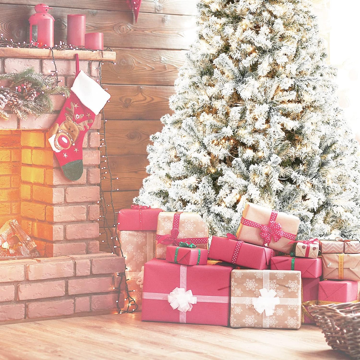 5ft Christmas Tree Pre-lit Snow Flocked Artificial Christmas Tree Holiday Decoration w/ Metal Stand