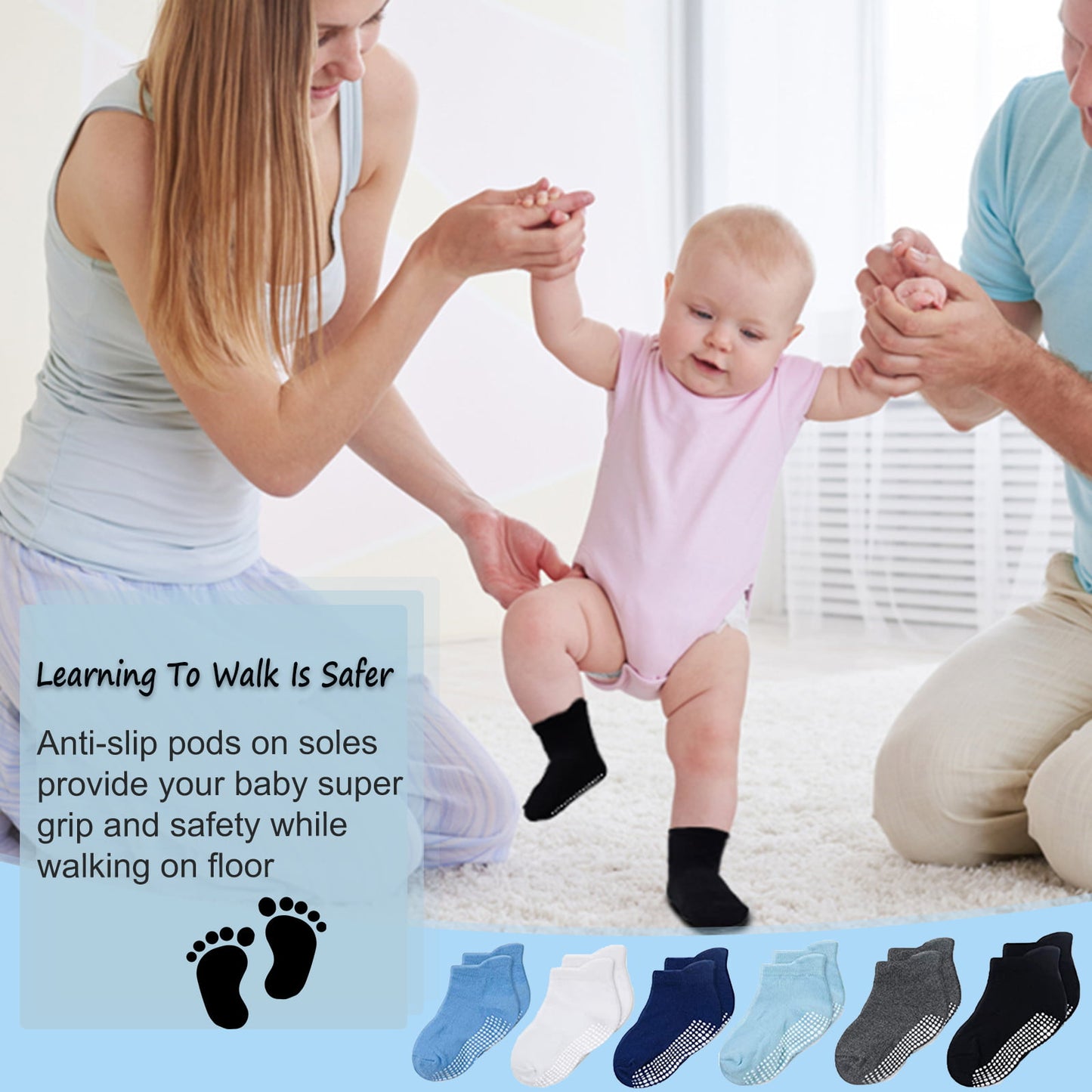 Baby Socks with Grippers, Baby Non Slip Grip Ankle Socks with Non Skid Soles for 0-12 Months Infants Kids Toddlers Boys Girls - 6 Pairs