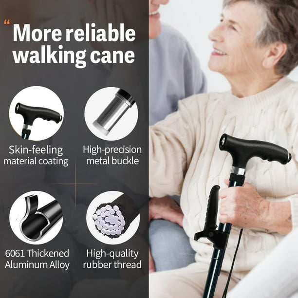 MoonSun Walking Cane for Men Women, Foldable Adjustable Collapsible Walking Stick with Two Comfort Handle,LED Flashlight, Pivoting Quad Base Standable Folding Cane for Seniors Adults Black
