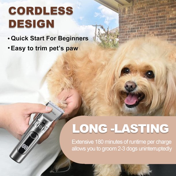 Smart Dog Clippers for Grooming, MoonSun Cordless Professional Pet Grooming Kit Rechargeable,Adjustable, LED Display & Low Noise Pet Hair Shaver Clippers Set for Dogs Cats Pets- Silver
