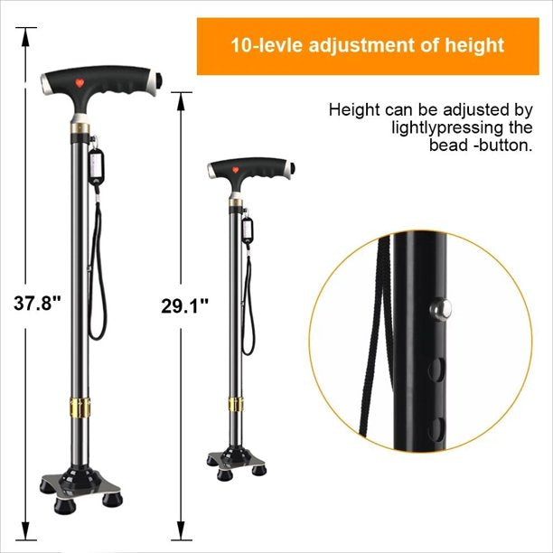 Father's Day Gift Walking Cane for Men Women, 10 Levels Adjustable Cane for Seniors with Led Lights, Aluminum Alloy Heavy Duty Free Standing Cane for Walking, Rubber Base