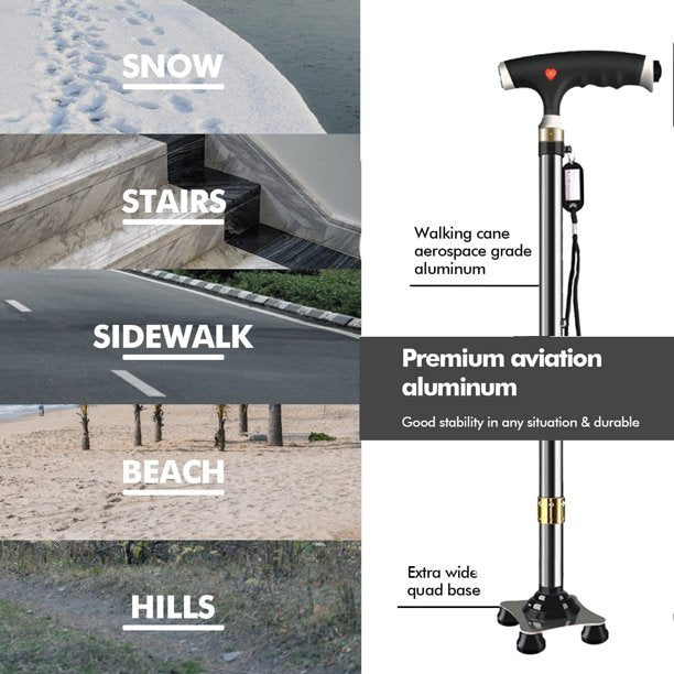 Father's Day Gift Walking Cane for Men Women, 10 Levels Adjustable Cane for Seniors with Led Lights, Aluminum Alloy Heavy Duty Free Standing Cane for Walking, Rubber Base