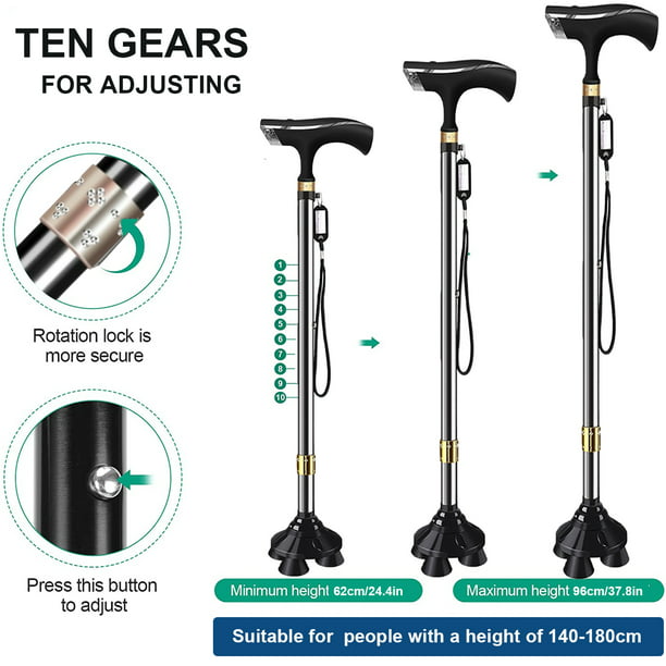 Walking Cane, 10 Levels Adjustable Cane for Men Women, Pivoting Quad Base