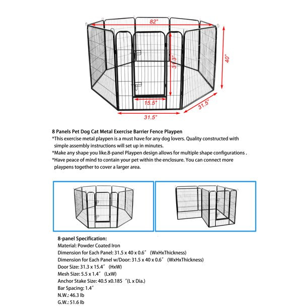 Moonsun Dog Pet Frame Fence ,Heavy Duty Large Indoor Metal Puppy Dog Run Fence / Iron Pet Dog Playpen, Strong Metal Frame Kennel Durable Indoor & Outdoor Kennel for Large Dogs