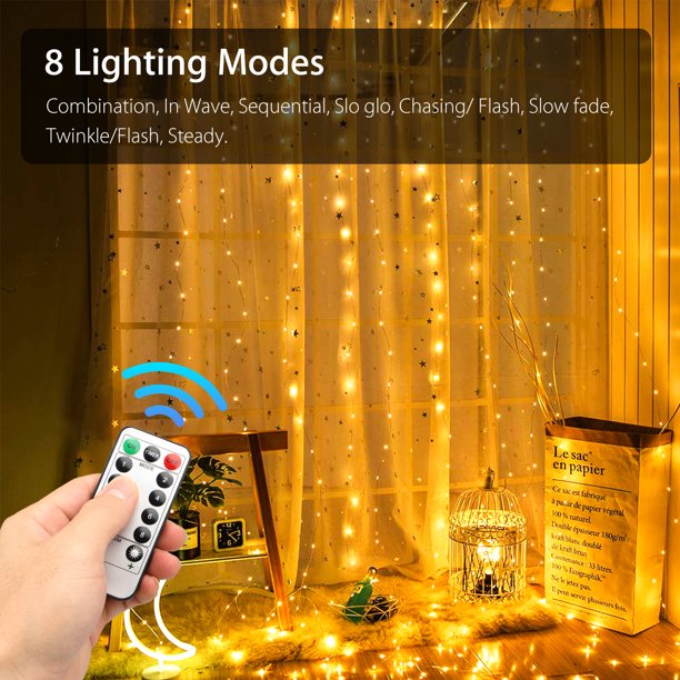 LED Curtain Lights, Fairy String Light 9.8 x 9.8ft, Waterproof 8 Modes Fairy Light, Curtain Light with Remote Control & Hanging Hooks, for Bedroom Window Wedding Party
