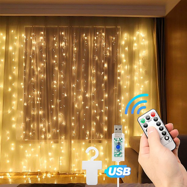 LED Curtain Lights, Fairy String Light 9.8 x 9.8ft, Waterproof 8 Modes Fairy Light, Curtain Light with Remote Control & Hanging Hooks, for Bedroom Window Wedding Party