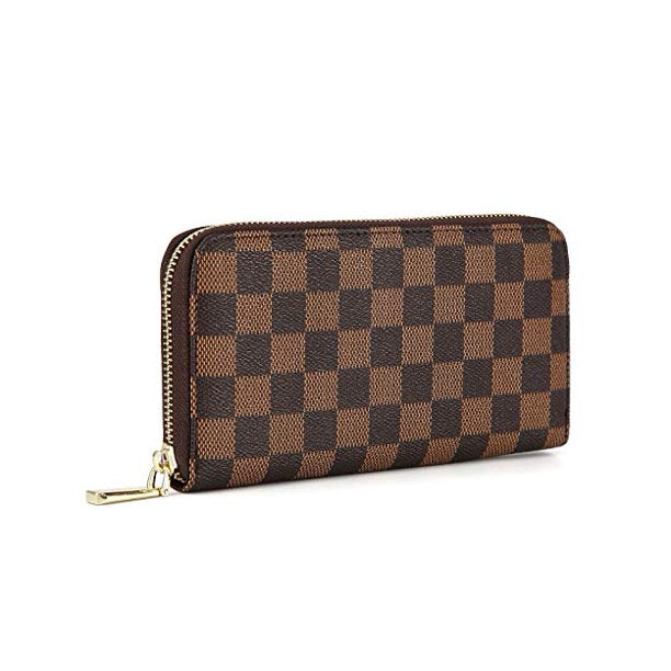 MOONSUN Women’s Check Zip Around Wallet and Phone Clutch -PU Vegan Leather- RFID Blocking with Card Holder Organizer Brown