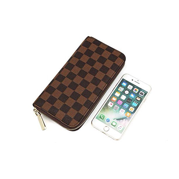MOONSUN Women’s Check Zip Around Wallet and Phone Clutch -PU Vegan Leather- RFID Blocking with Card Holder Organizer Brown