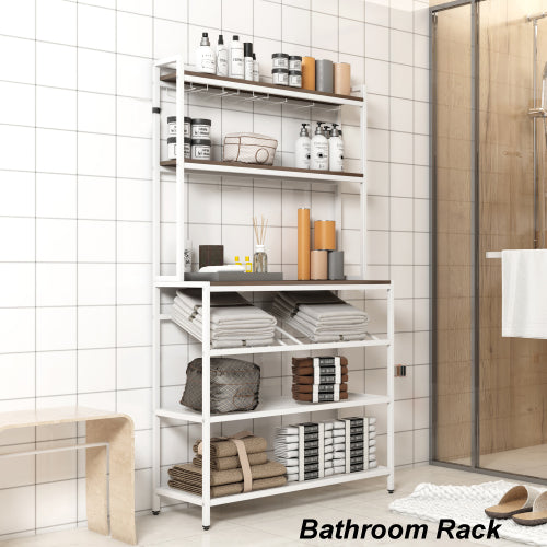 MoonSun 6-Tier Baker Rack, Freestanding Bar Wine Rack Table with Glass& Cup Holders, Kitchen Microwave Stand Metal
