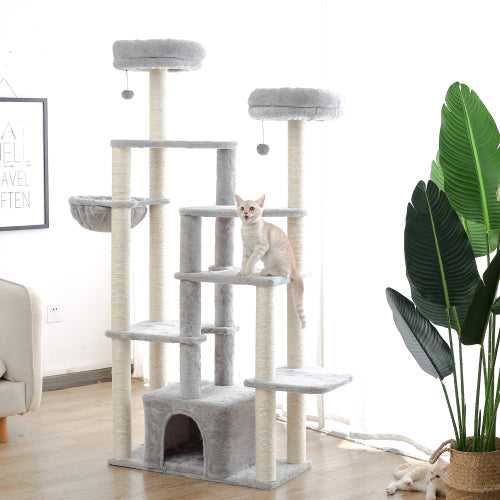 MoonSun 65.3’’ Cat Tree with Sisal Scratching Posts, Multi-Platform, Deluxe Condo, 2 Top Perches and Hammock Bed for Cats Gray