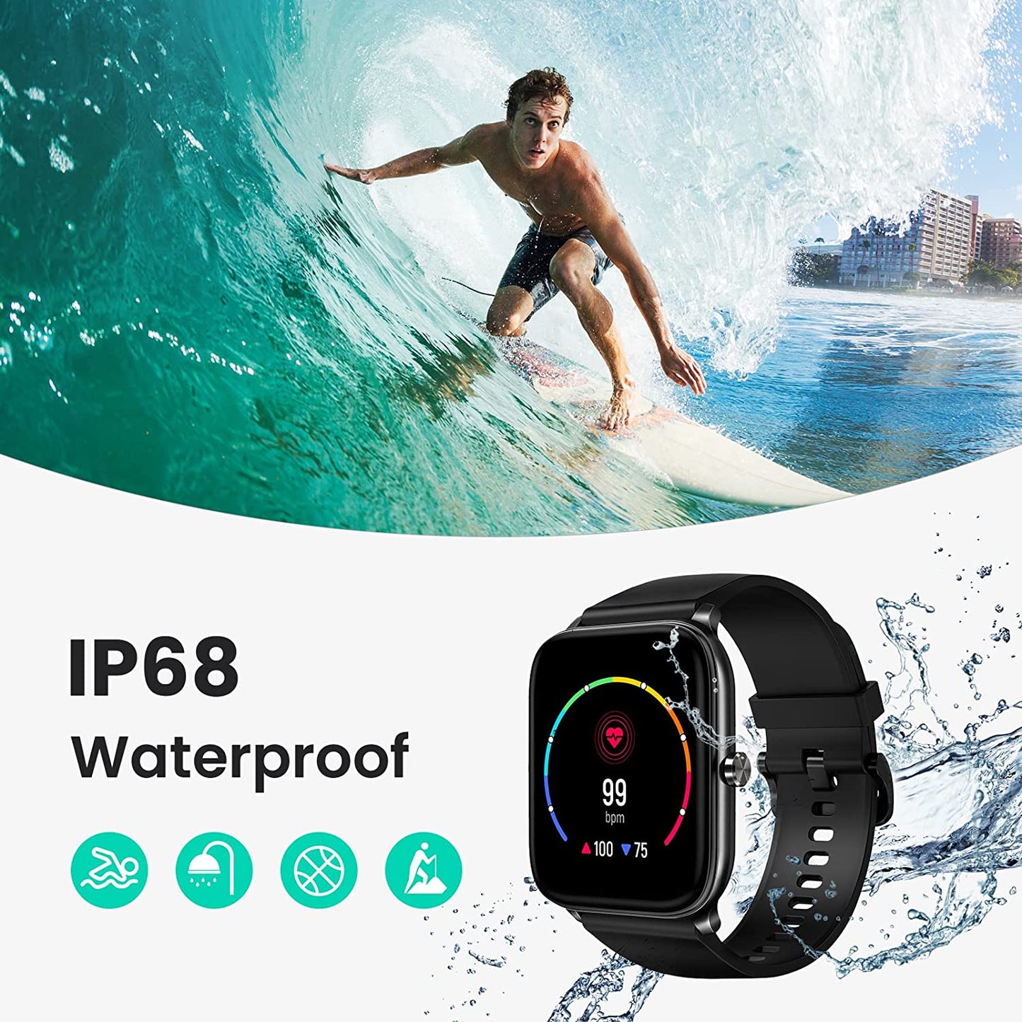 MOONSUN IP68 Waterproof Smart Watch, Fitness Tracker for Android & iOS Phones, Step Calorie Counter for Men Women,Heart Rate Monitor, Blood Oxygen Meter, Sleep Tracking