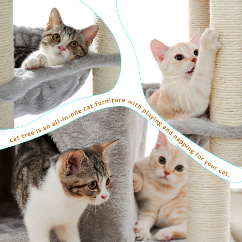 MoonSun 65.3’’ Cat Tree with Sisal Scratching Posts, Multi-Platform, Deluxe Condo, 2 Top Perches and Hammock Bed for Cats Gray