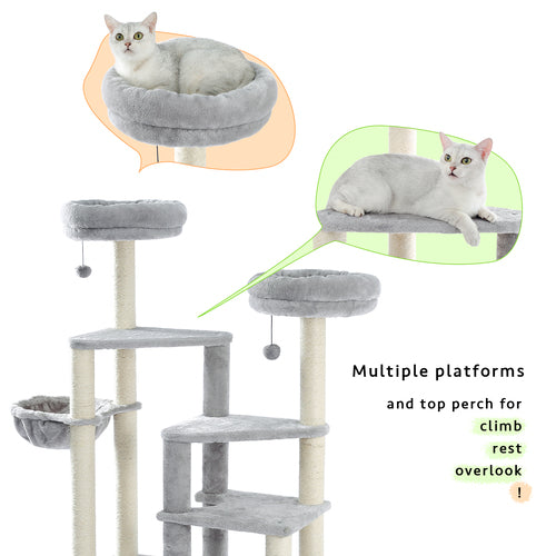 MoonSun 65.3’’ Cat Tree with Sisal Scratching Posts, Multi-Platform, Deluxe Condo, 2 Top Perches and Hammock Bed for Cats Gray