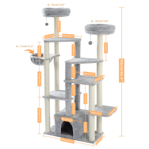 MoonSun 65.3’’ Cat Tree with Sisal Scratching Posts, Multi-Platform, Deluxe Condo, 2 Top Perches and Hammock Bed for Cats Gray