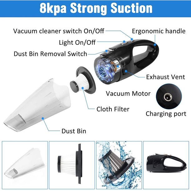 Portable Car Vacuum Cleaner, Handheld Cordless Rechargeable Car Vacuum, for Home, Car, Office Travel Cleaning, Black