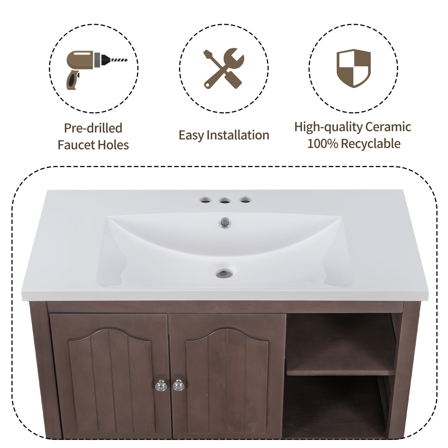 MOONSUN 36" Bathroom Vanity with Ceramic Basin, Bathroom Storage Cabinet with Two Doors and Drawers, Solid Frame, Metal Handles, Brown