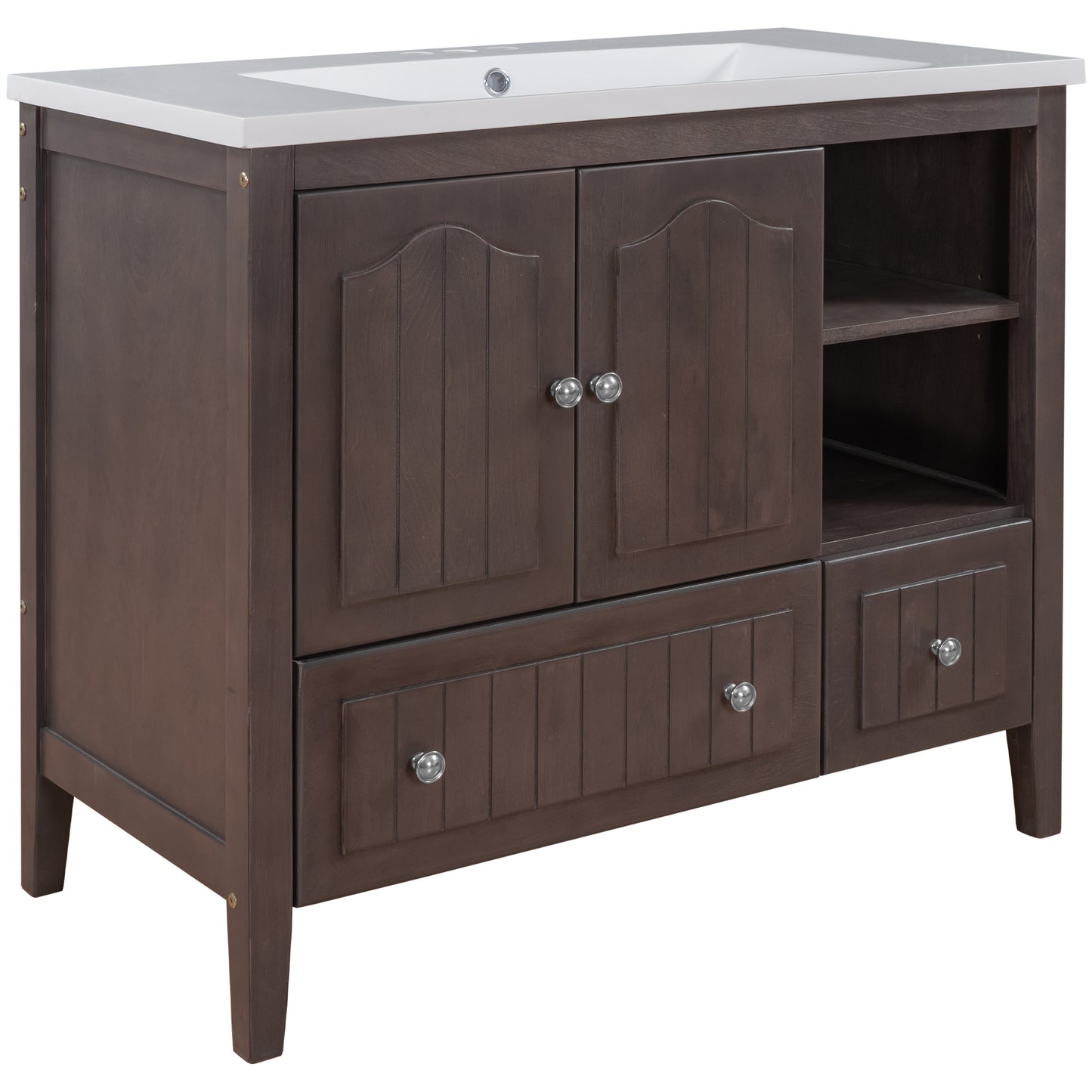 MOONSUN 36" Bathroom Vanity with Ceramic Basin, Bathroom Storage Cabinet with Two Doors and Drawers, Solid Frame, Metal Handles, Brown
