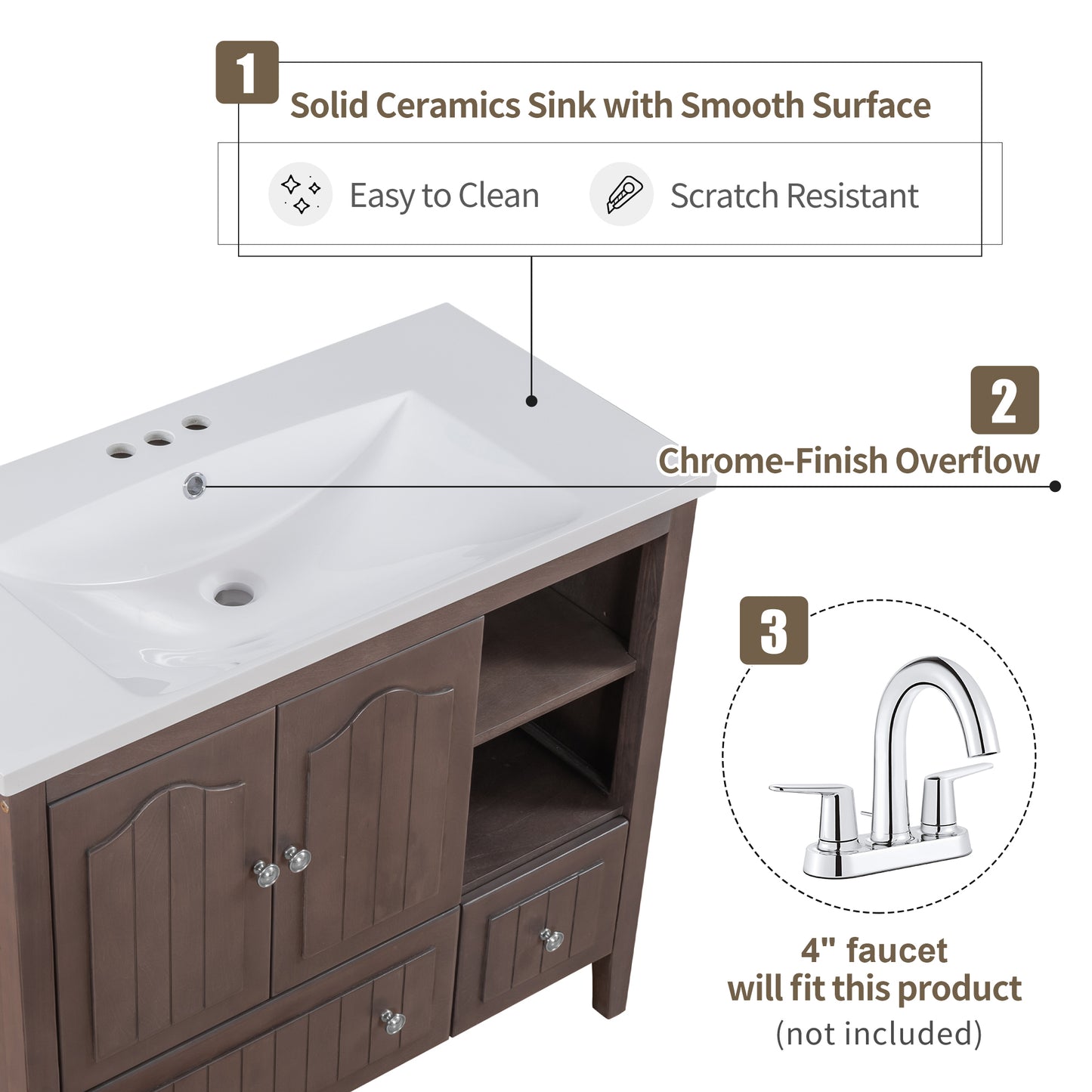 MOONSUN 36" Bathroom Vanity with Ceramic Basin, Bathroom Storage Cabinet with Two Doors and Drawers, Solid Frame, Metal Handles, Brown